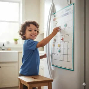 A child placing a chore magnet on a magnetic calendar, illustrating how it can be used for kids' responsibilities.
