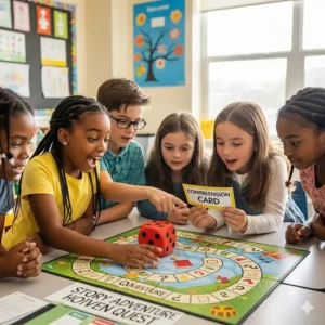 A group of kids in a classroom enthusiastically participating in a board game designed to improve their reading comprehension skills.
