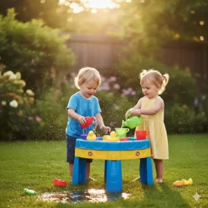 Two happy 3-year-olds are splashing and playing with boats and cups in a colorful water table, a perfect summer outdoor toy.