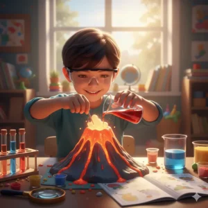 A fun at-home science kit with a child wearing safety goggles, performing a chemical reaction experiment like a volcano eruption. A perfect science toy for 6 year olds.