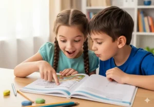 Two young kids excitedly using a reading comprehension workbook, with one pointing at a story and the other reading along.