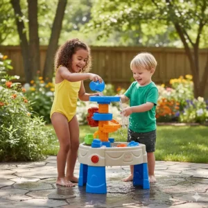 Two 5-year-olds splashing water in a multi-level outdoor water table, a fun sensory toy for summer play.