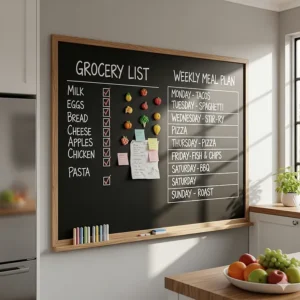 A large magnetic chalkboard in a kitchen used for a family grocery list and weekly meal planning.