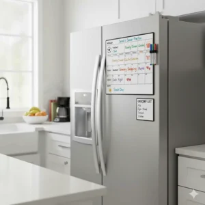 A clean, organized kitchen scene with a multi-piece magnetic dry erase calendar set on the refrigerator, including a weekly planner and a grocery list.