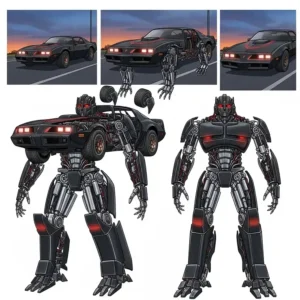 A series of illustrations showing the step-by-step transformation of K.I.T.T. from its car form to a robot, highlighting the mechanical parts.