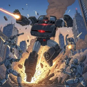 An illustration depicting the Knight Rider Transformer engaged in a battle scene, showcasing its combat capabilities.