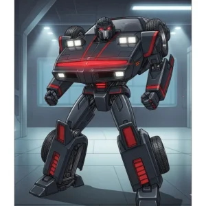 A detailed illustration of K.I.T.T. in its full robot mode, designed in the style of a Transformer, standing ready for action.