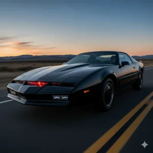 A dynamic shot of the classic Pontiac Firebird Trans Am, K.I.T.T., in its vehicle mode, with the signature red scanner light across the front grill.