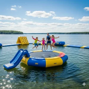 A family jumping on an inflatable water trampoline with an attached slide, part of a versatile lake water park setup.