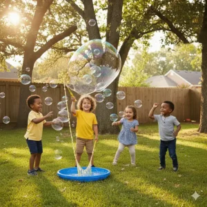 A picture of a child creating massive, colorful bubbles with a specialized wand and solution, a classic outdoor activity.