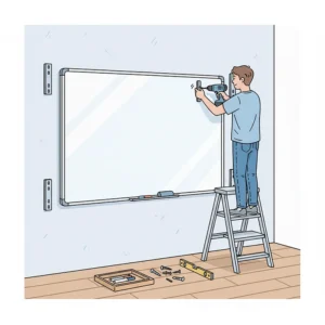 Step-by-step installation process of a 36x48 dry erase board, showing one person securing the mounting hardware to the wall.