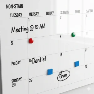 A close-up shot of the high-quality, non-stain surface of a large magnetic calendar, highlighting its reusable and durable design.