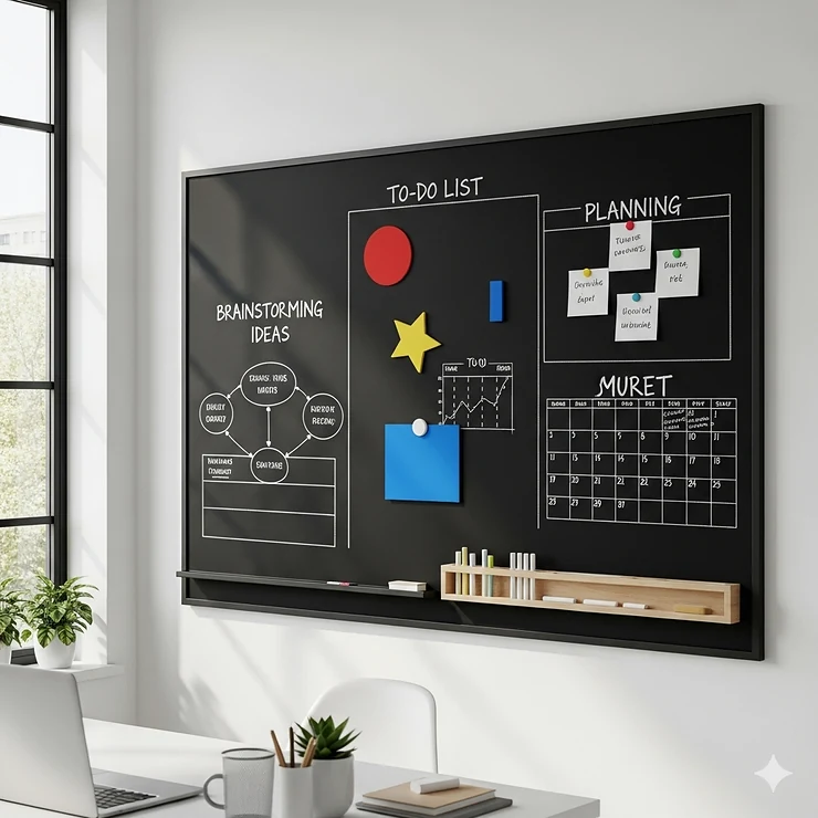 A large black magnetic chalkboard mounted on a white wall in a modern home office, perfect for planning and creative brainstorming.