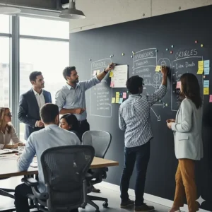 A professional setting with a team brainstorming on a large magnetic chalkboard during an office meeting.