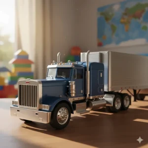 Close-up of a detailed large-scale semi truck toy with a detachable trailer, showing realistic features like chrome accents and working wheels.