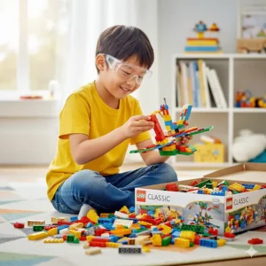 A large box of LEGO Classic bricks or similar construction blocks being used by a child to freely build a unique model, a foundational STEM toy for construction.