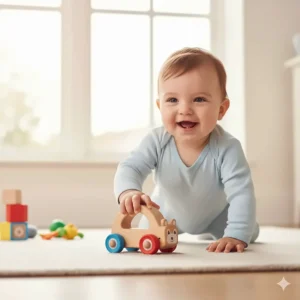 A lightweight toy car that a 7-month-old can push and watch roll, encouraging movement and crawling.
