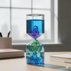 A slow-moving, captivating liquid motion timer used as a visual calming tool and focus aid for a 12 year old boy.