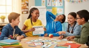 A photo of a small group of fifth-grade students laughing while playing a physical card game focused on improving their literacy skills.