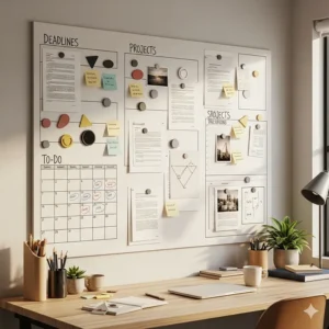 A large magnetic board serves as a central hub in a home office, keeping track of deadlines and documents with simple, functional magnets.
