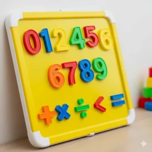 A collection of colorful magnetic numbers and basic math symbols on a kids' learning board.