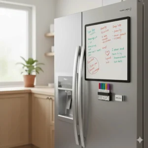 A sleek magnetic marker board securely positioned on a modern stainless steel refrigerator.