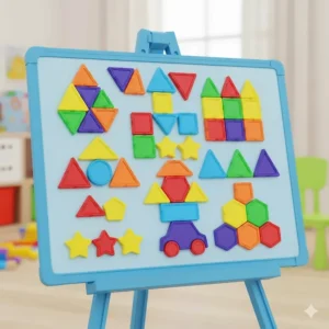 A variety of magnetic geometric shapes arranged on a magnetic board to teach children about different forms.