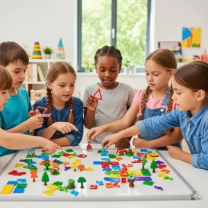 A group of children sitting together and collaborating on a large magnetic board with various magnetic pieces.