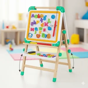 A magnetic board for kids with an adjustable easel stand, designed for easy use and storage.
