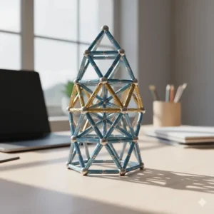 A complex geometric structure built with a high-end magnetic building set, an engaging and challenging fine motor sensory toy.