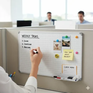 A magnetic bulletin board sheet on a cubicle wall, with magnets holding up photos and notes, showcasing its dual function as a writing surface and display board.