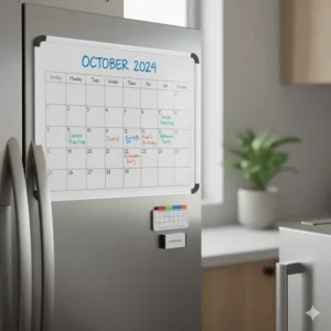 A magnetic calendar dry-erase board on a fridge, perfect for organizing family schedules and appointments.