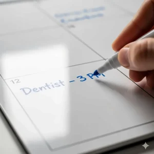 Close-up view of the smooth, erasable writing surface of a magnetic calendar, showing someone writing an appointment with a marker.