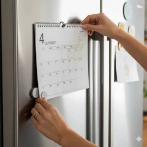A simple image demonstrating the effortless installation of a magnetic calendar, showing it being placed on a refrigerator door.