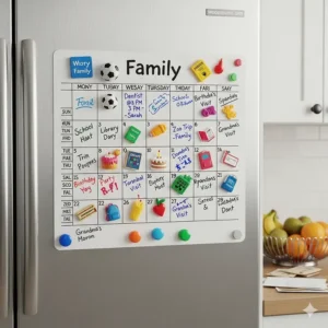 A colorful magnetic family calendar on a refrigerator, filled out with activities for kids and a family schedule.