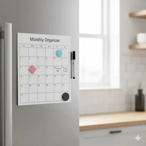A sleek magnetic calendar attached to a stainless steel refrigerator, showing its common placement in kitchens.