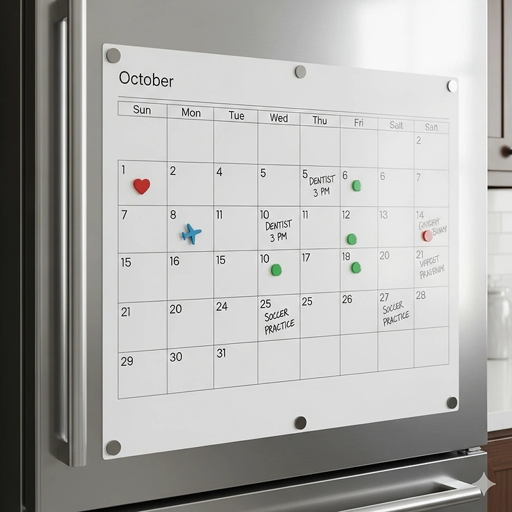 A large magnetic calendar with a clean, minimalist design is prominently displayed on a stainless steel refrigerator door, showing the current month's schedule. magnetic calendar large
