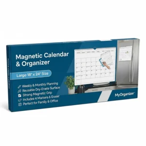 The retail packaging for a large magnetic calendar, showing the product dimensions and a list of its key features and benefits.