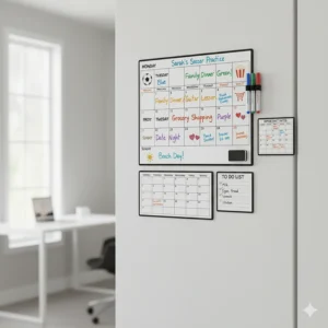 An image showing a variety of magnetic dry erase calendars in different sizes and layouts, such as a monthly planner, a weekly schedule, and a to-do list notepad.