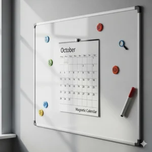 An image showing the versatility of the product, with a magnetic calendar attached to a magnetic whiteboard, not just a refrigerator.