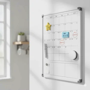 A close-up shot of a magnetic calendar with magnets for notes and reminders, showcasing its organizational features.