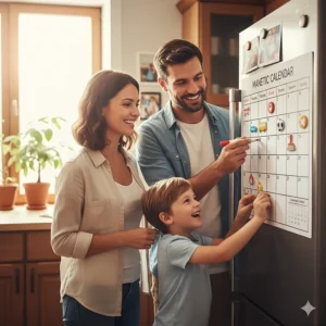 A family using a magnetic calendar to track appointments, school events, and household chores, highlighting its use as a family planner.
