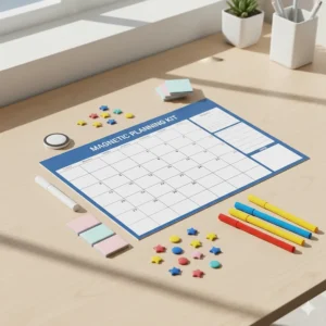 A flat lay of a magnetic calendar kit, including markers, erasers, and decorative magnets.