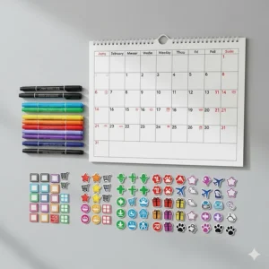 All included accessories, such as fine-tip markers and assorted magnetic icons, are laid out neatly next to the large magnetic calendar.