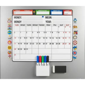 A complete set of a magnetic calendar for the fridge, showing the included colorful dry-erase markers and a magnetic eraser.