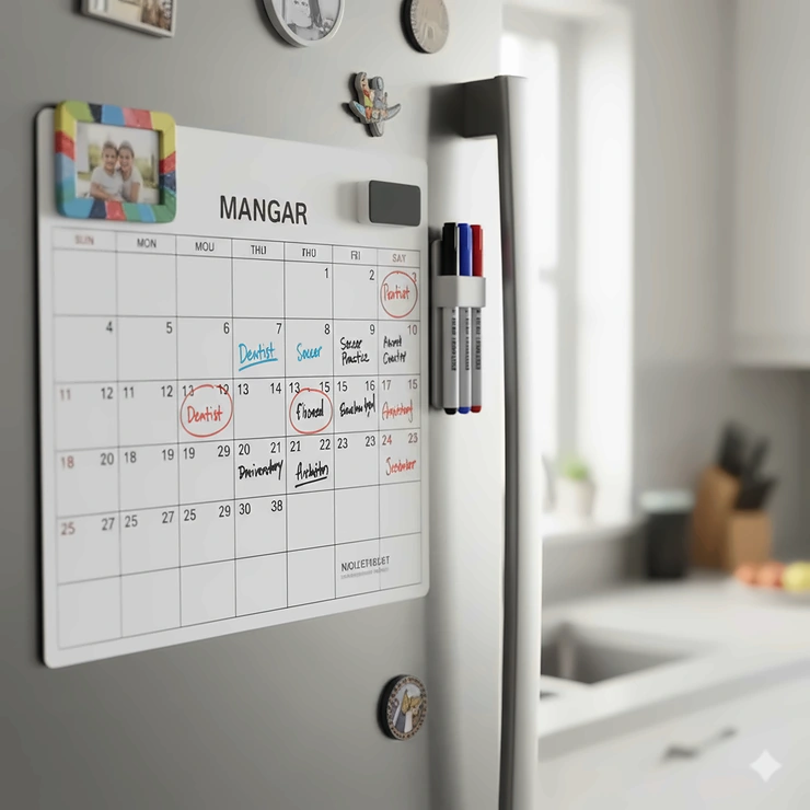 A stylish magnetic calendar for a fridge, showcasing a monthly layout with important dates and events written on it, making it easy to see the schedule at a glance. magnetic calendars for fridge