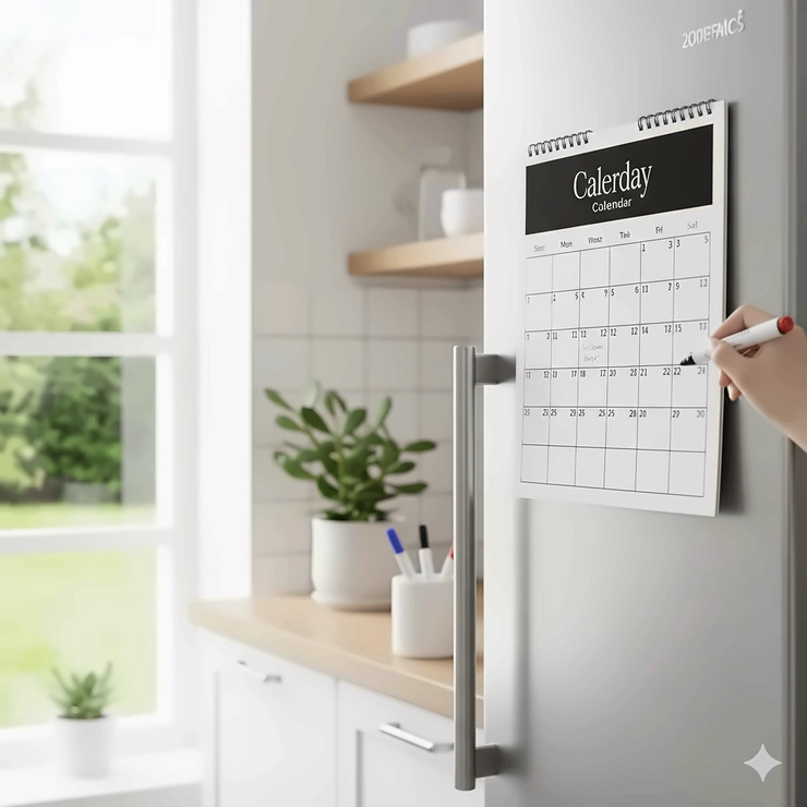 A stylish magnetic calendar with a clean design hanging on a refrigerator in a modern kitchen, next to a small plant and a pen holder.