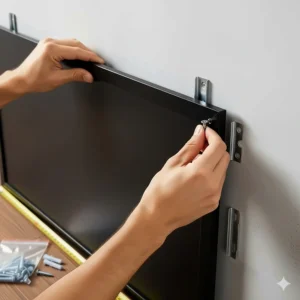 A close-up shot showing the easy installation process of a large magnetic chalkboard with included mounting hardware.