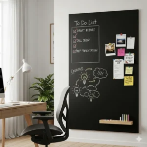 A home office with a sleek, black magnetic chalkboard for organizing tasks, brainstorming ideas, and pinning notes with magnets.