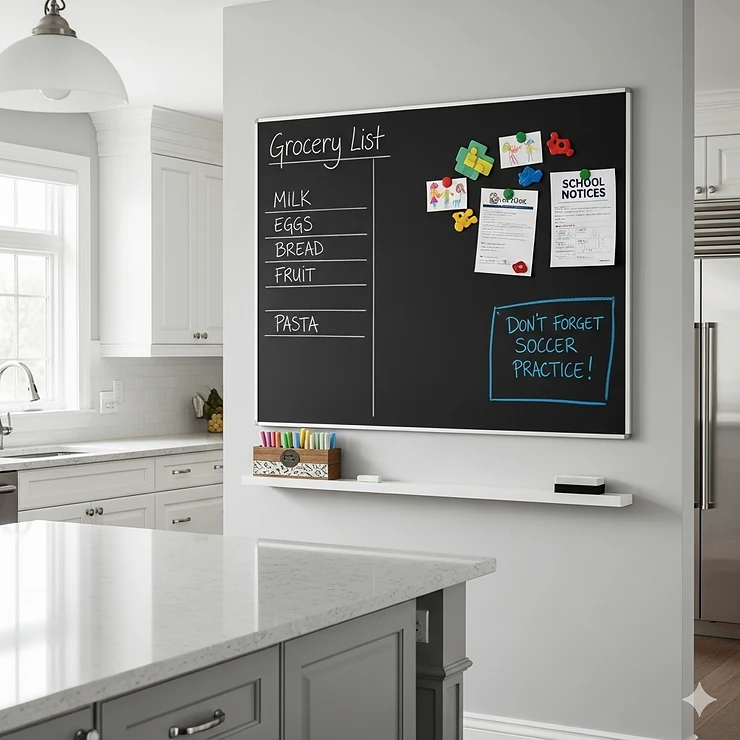 A family kitchen with a modern magnetic chalkboard mounted on the wall, used for grocery lists and family messages.